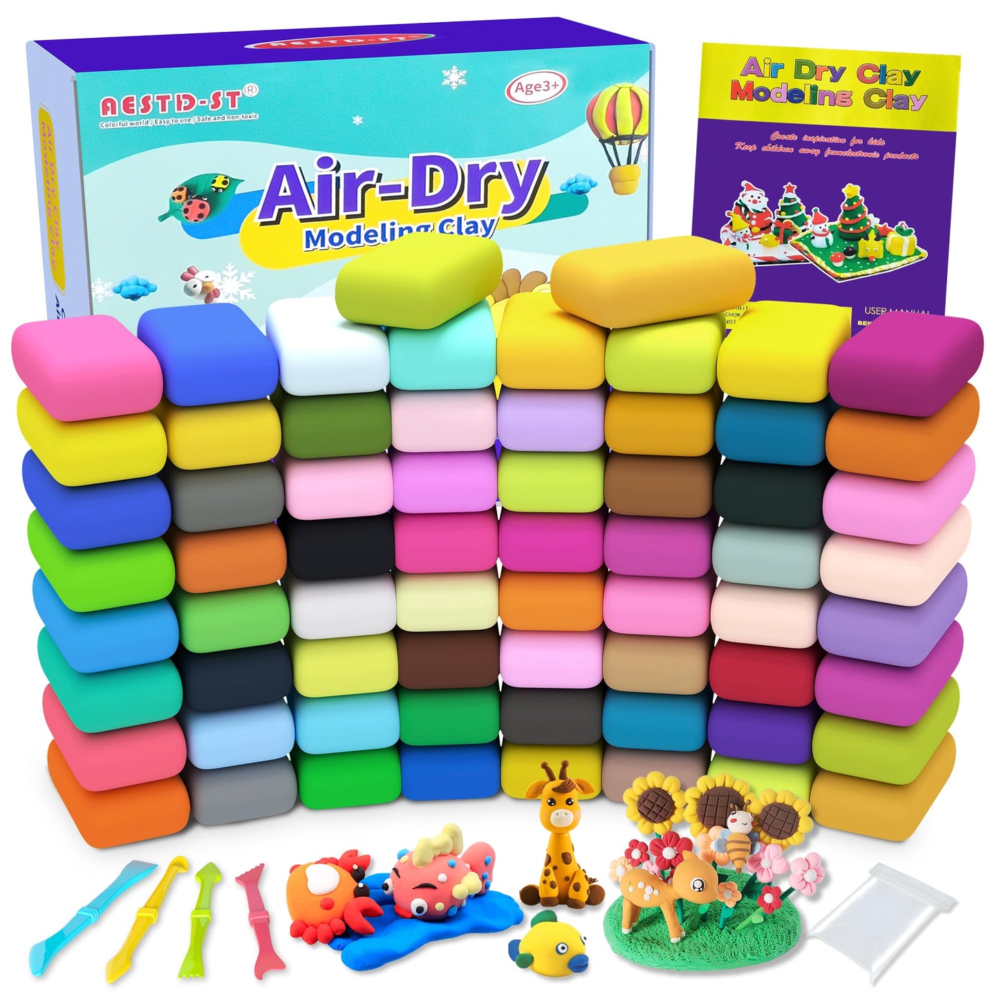 Aestd-ST Air Dry Clay 66 Colors, Modeling Clay for Kids, DIY Model Magic Clay, Molding Clay Kit with Sculpting Tools, Non-Sticky Soft and Super Light, Arts and Crafts Gift for Boys Girls Kids
