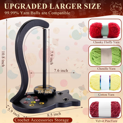Black Cat Yarn Holder for Crocheting, Wooden Crochet Yarn Holder Magnetic Yarn Spinner with Accessories Storage Anti-Slip Pads,Yarn Ball Holder Crochet Gift for Knitting Lovers with Gift Box Packaging