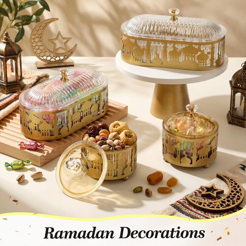 Otoolling 4 Pcs Ramadan Trays with Lid Gold Eid Mubarak Tray Plates Ramadan Moon Candy Dish Table Decorations Food Serving Tray Islam Muslim Al-fitr Cookie Storage Container for Eid Party Supplies