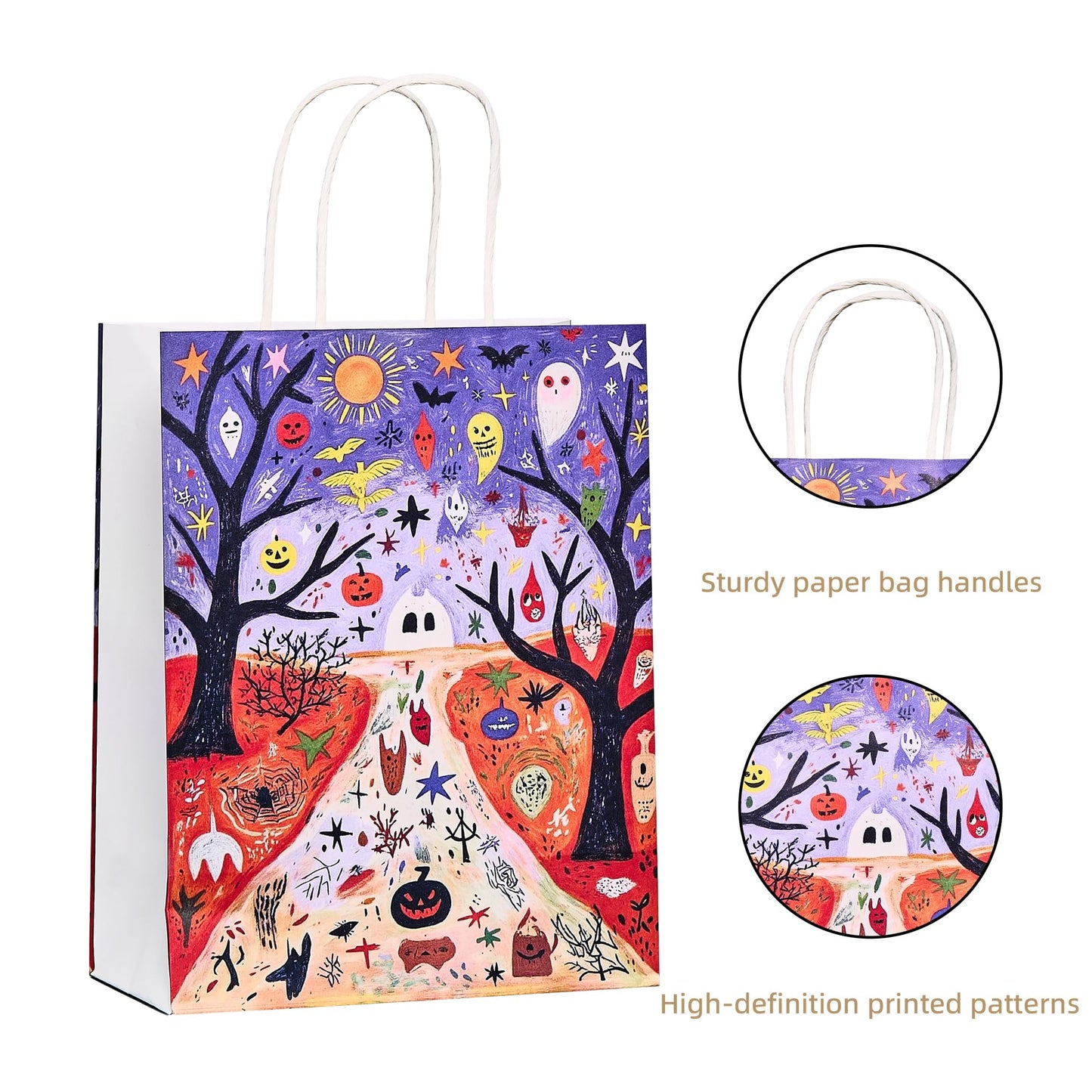 Halloween Paper Bags 8x4.5x11 Inch, Spooky Pumpkin Ghost Bat Design, Trick or Treat Goodie Bags for Party (8-Pack)