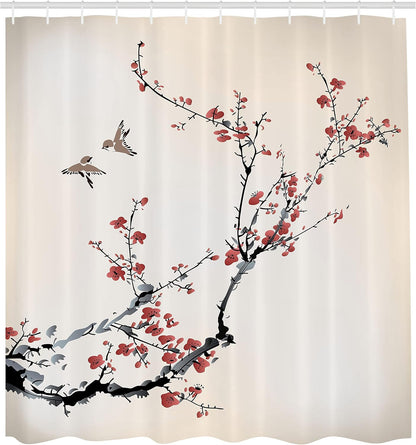 Ambesonne Nature Shower Curtain 69" W x 70" L, Burgundy Black Flowers Buds Birds Art Painting Effect, Cloth Fabric Bath