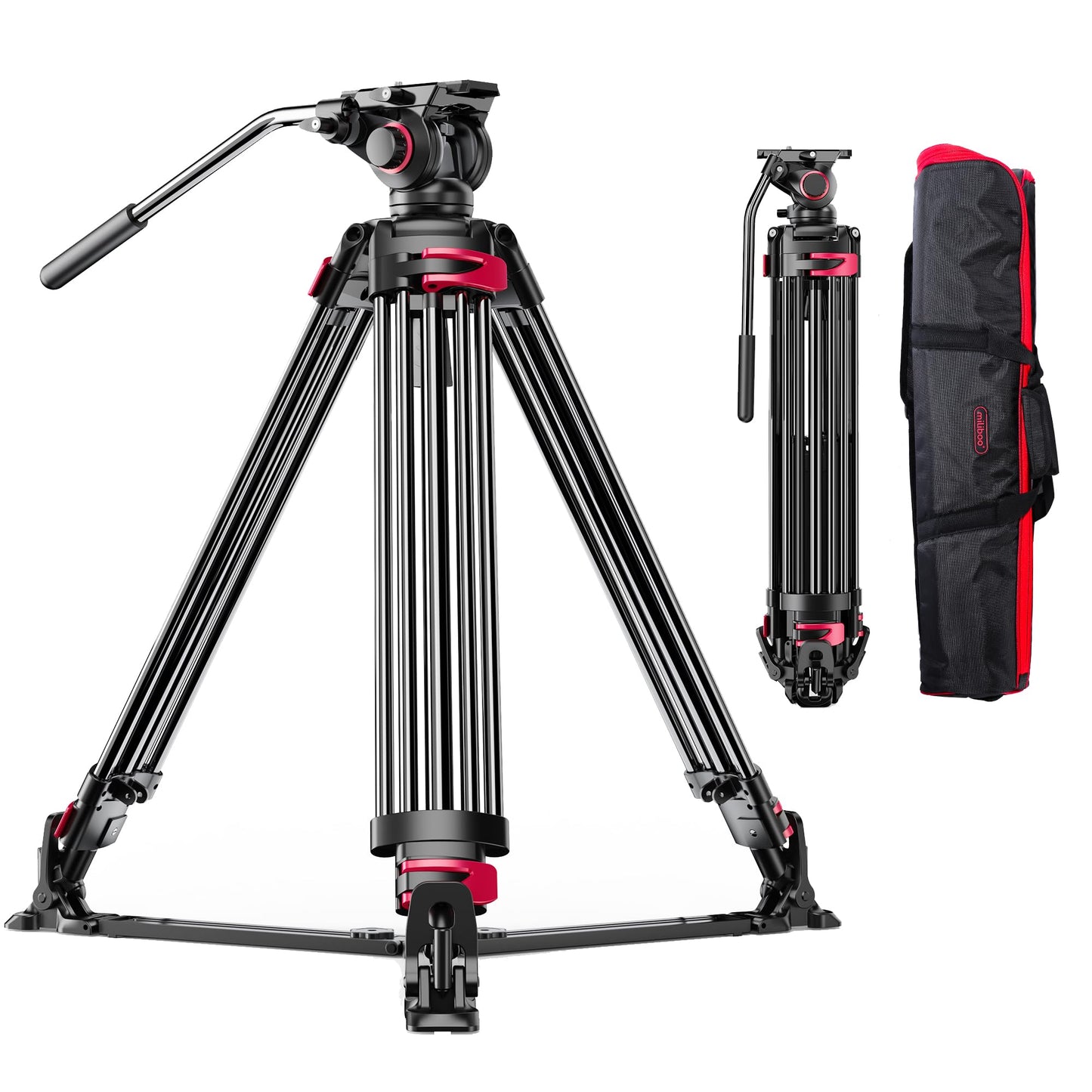 miliboo Heavy Duty Tripod Professional Video Tripod Fluid Head Tripod with Adjustable Damping, Photography Tripod for Large Equipment, Load 33 lbs, Included Ground Spreader, Aluminum MTT609A