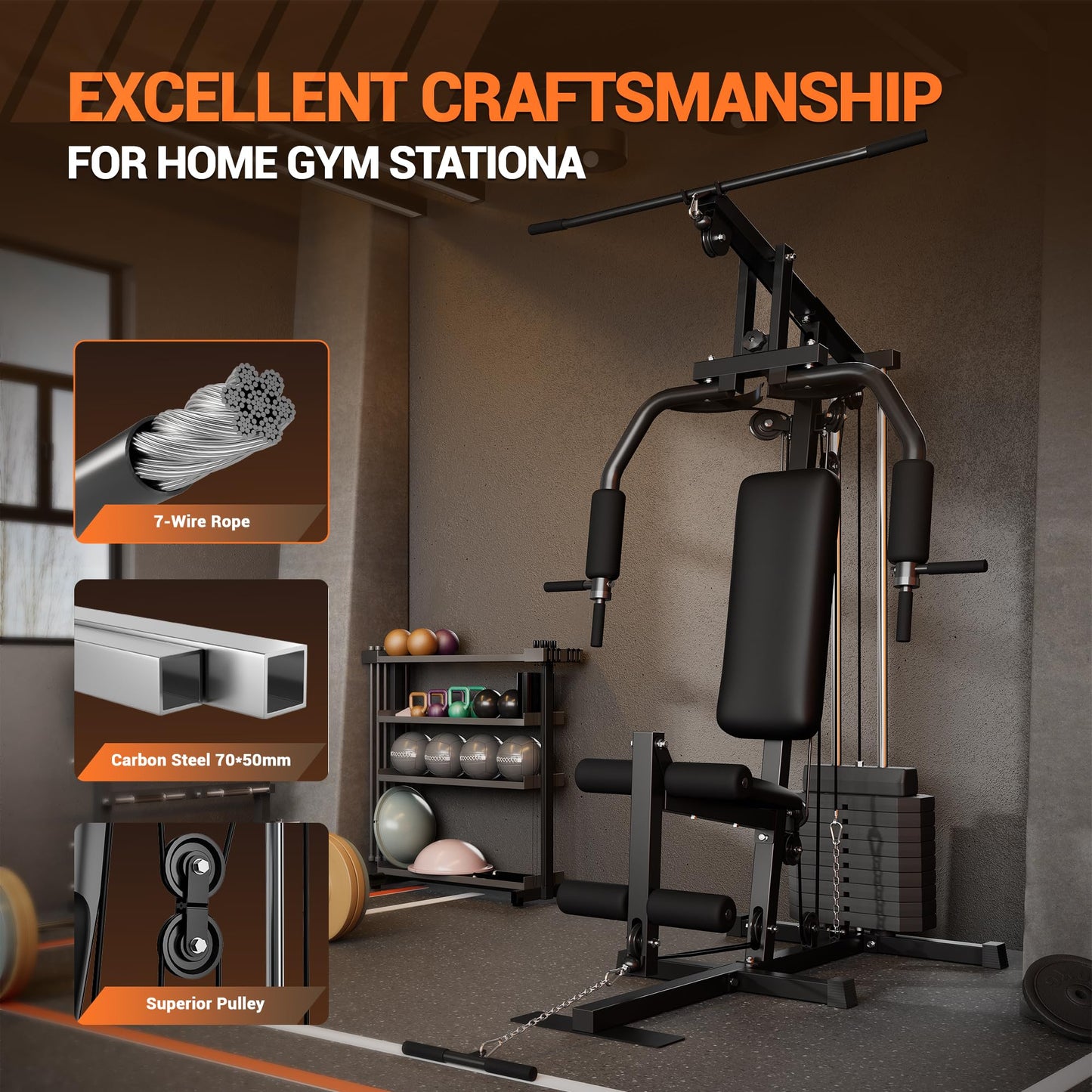Home Gym Equipment, Multifunctional Workout Station with 100LBS Weight Stack, Home Gym Machine for Full Body Traning with LAT Pulldown System