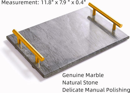 Black Real Marble Tray with Golden Handle, Decorative Natural Stone Tray for Bathroom, Kitchen, Vanity, Nightstand