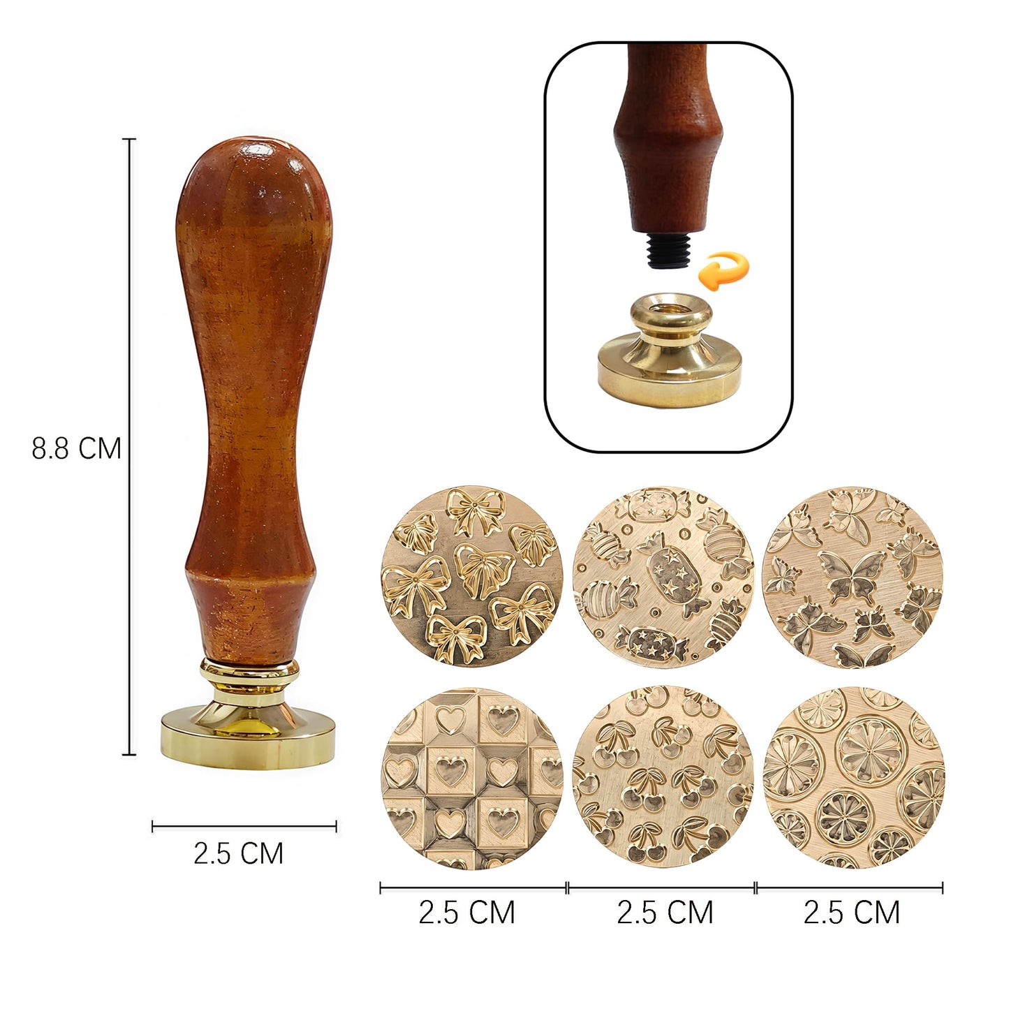 DBEFTLI 6-Piece Cute Wax Seal Stamp Set – Full-Coverage Pattern Collection with Solid Brass Heads & Wooden Handle – Kawaii Candy Cherry Butterfly Designs for Cards, Envelopes & DIY Crafts