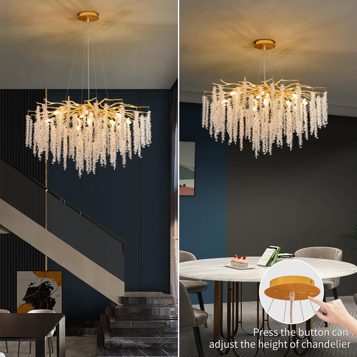 Puvaue Crystal Tree Branches Chandeliers Luxury Round Raindrop Pendant Light Fixture Ceiling Hanging Light for Dining Room Bedroom Living Room Entryway D31.5“ Gold