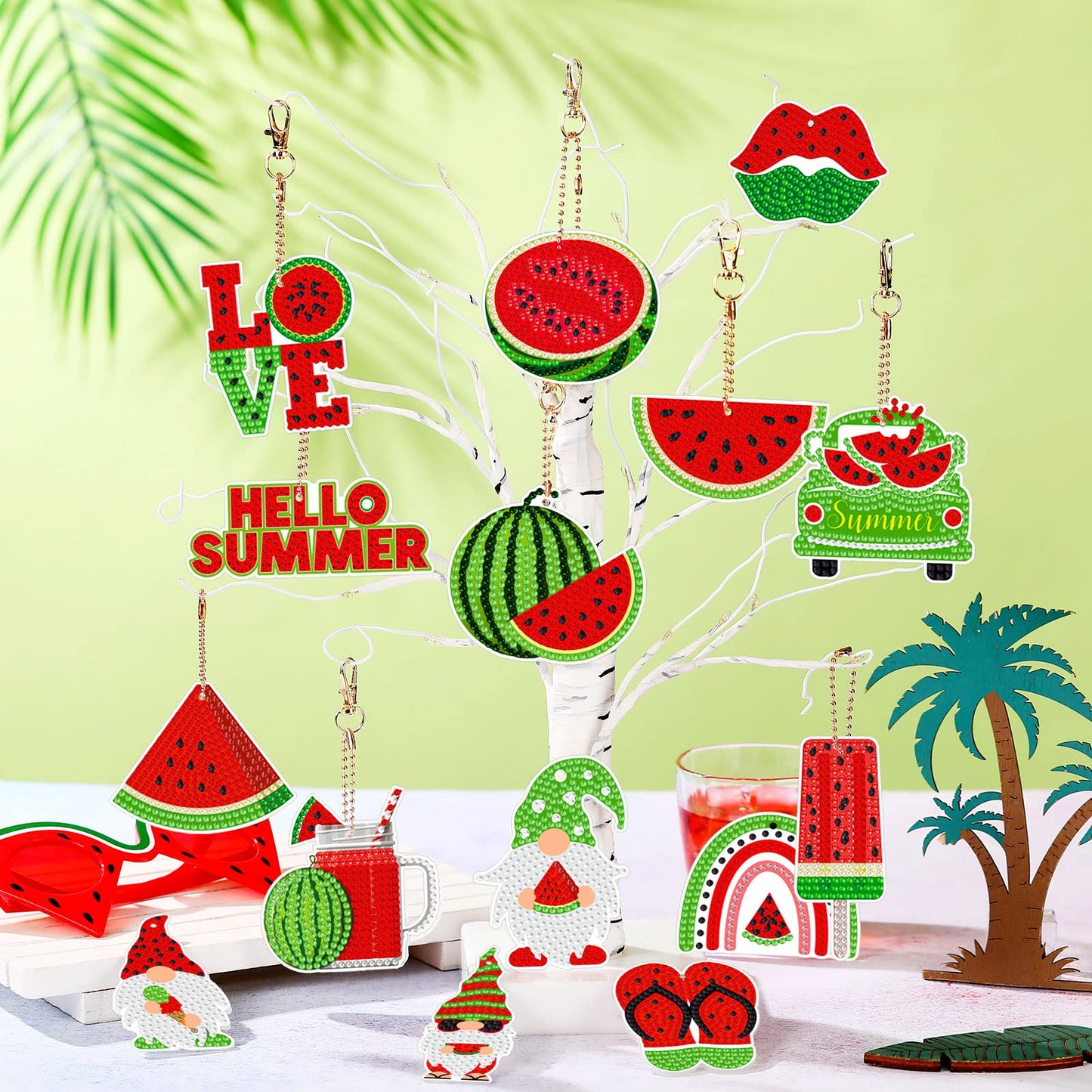 Karenhi 15 Pcs Diamond Art Keychains Summer Watermelon Painting Keychain Kit DIY Single Sided Fruit Gnome Key Ring Spring Diamond Hanging Ornament Gift Accessories for Adult Craft Bag Party Decoration