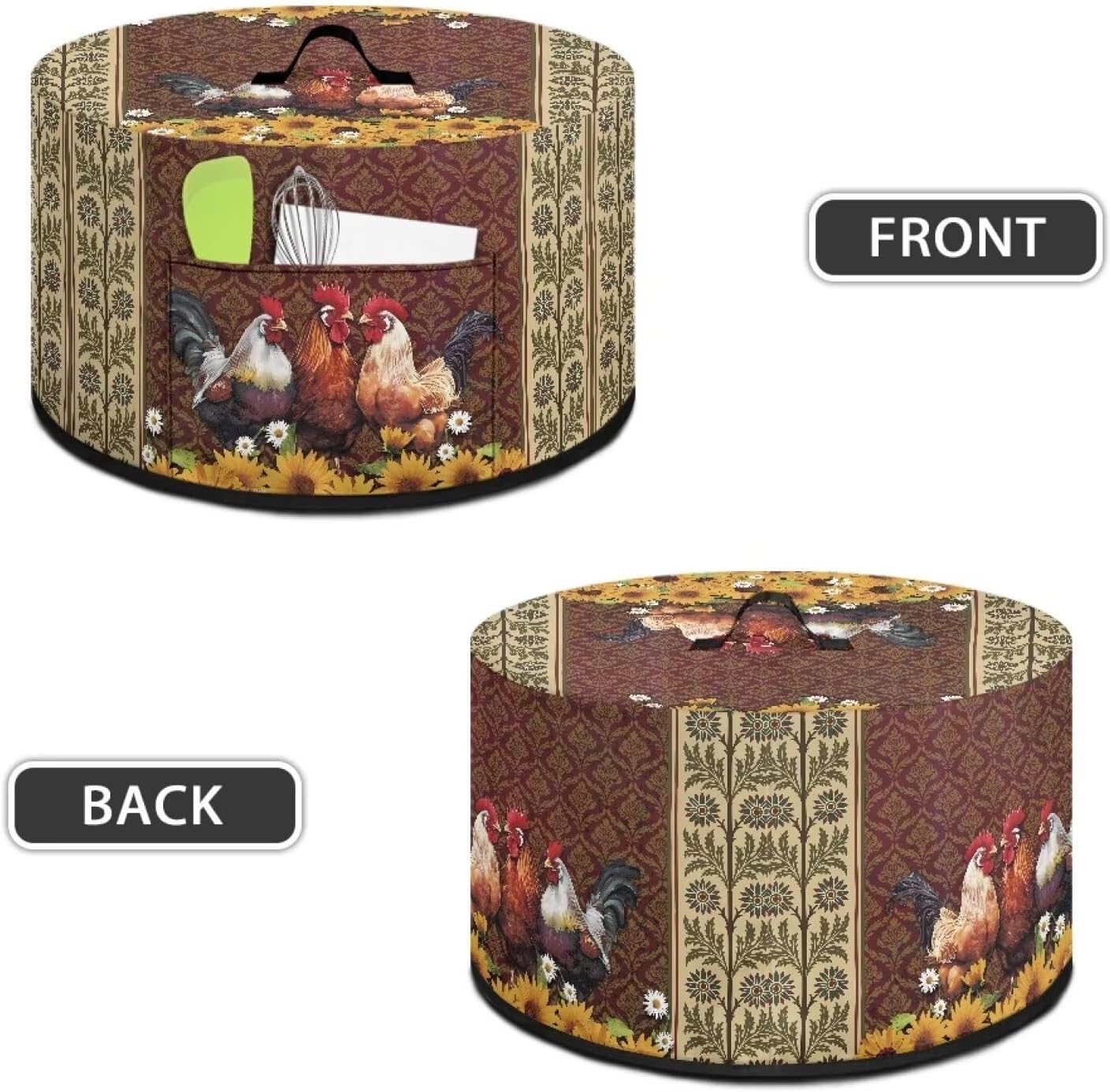 Roosters Dust Cover for Small Kitchen Appliances, Fits Most 6-8 Quart Oval Slow Cookers, Pockets & Top Handle