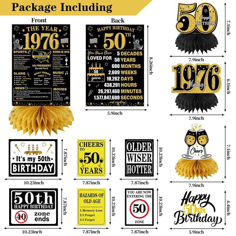 Turypaty 1976 50th Birthday Decorations for Men Women, Black Gold Happy 50 Years Old Birthday Banner Backdrop Wall Sign Balloons Sash Table Cake Topper Honeycomb Centerpieces Paper Fans Party Supplies