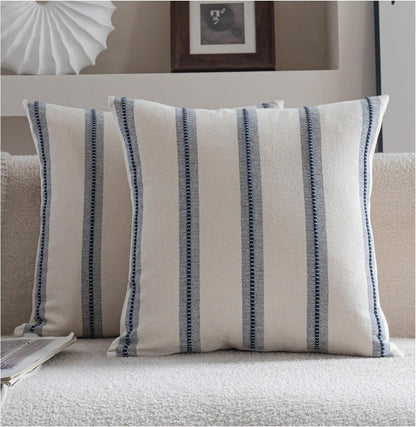 22x22 Set 2, Cethom Boho Throw Pillow Covers of Navy Blue Striped Decorative Pillow Cases for Couch Chair Bed, Textured