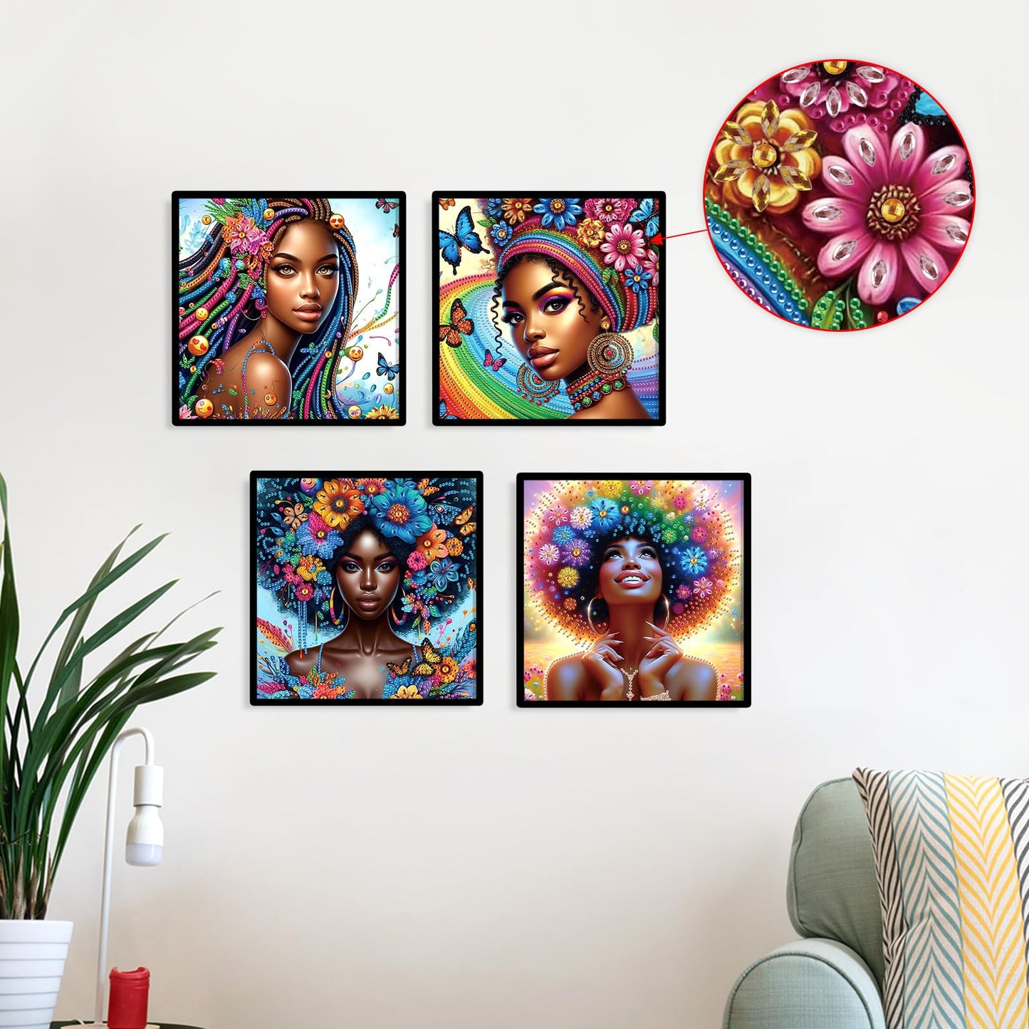 4pcs DIY Diamond Art Painting Kit- African American beauties, 5D Diamond Art Crafts, Suitable for Beginners, Suitable for Home, Art Wall, and Festival Party Decoration, Creative Home Decoration Gifts