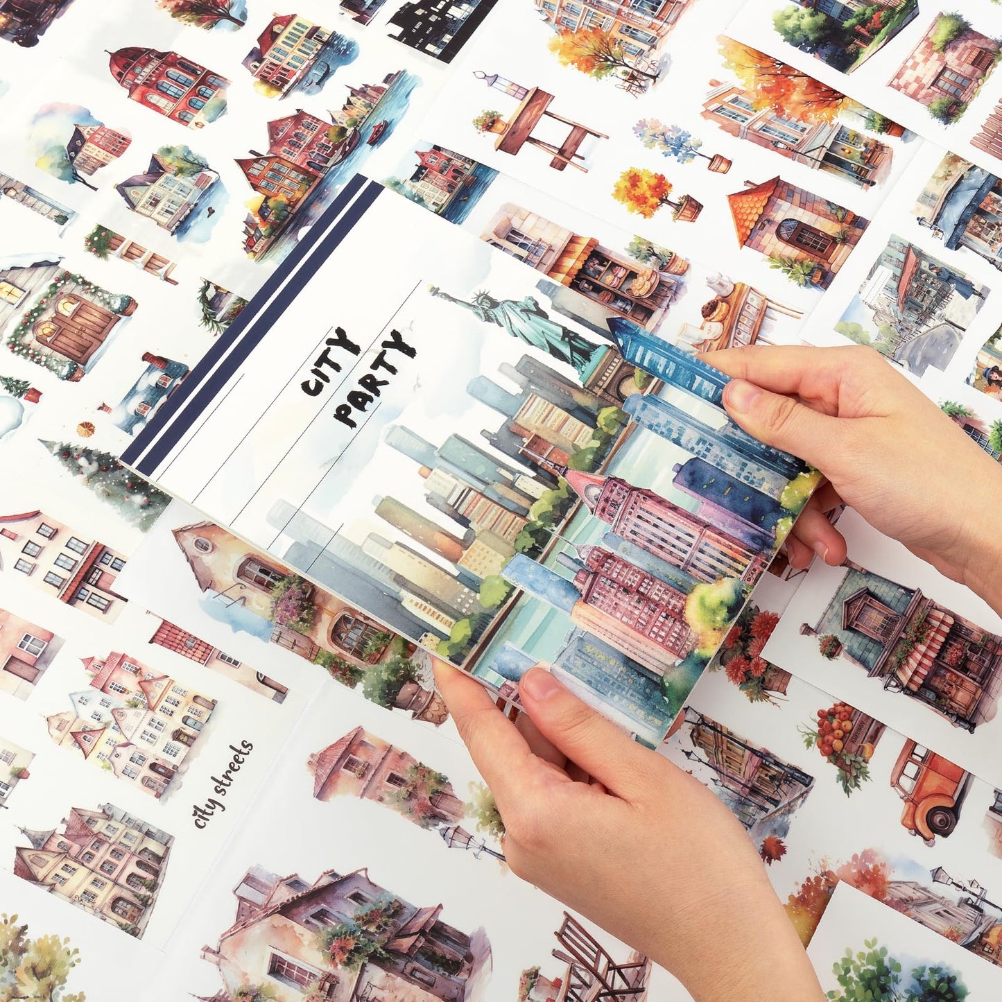 Dizdkizd Landscape and City Themed Scrapbook Journaling Stickers, 150 Die-Cut PET and Washi Paper Sticker Book for Junk Journaling, Collage, Craft Projects