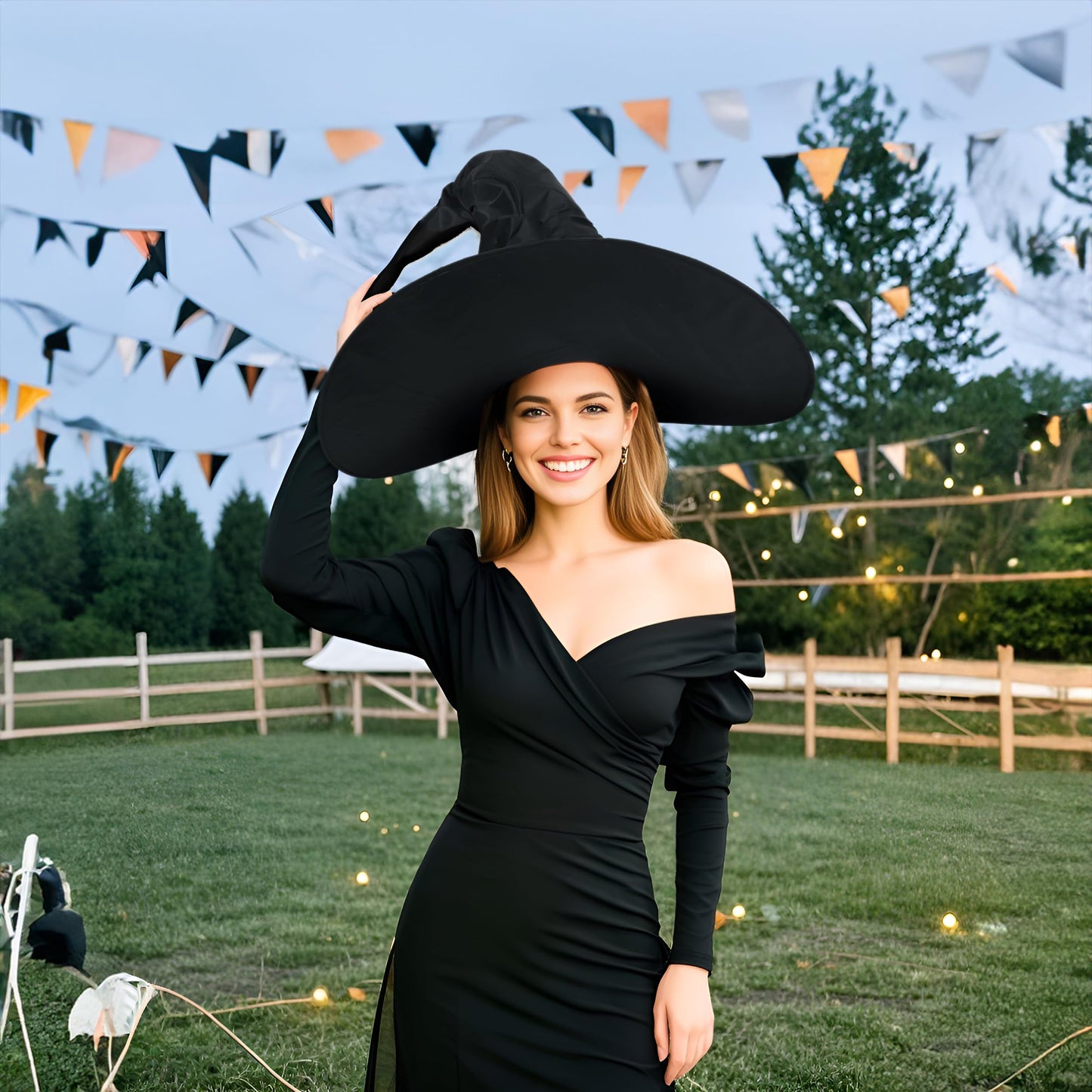 JEGERMIG Women's Black Masquerade Ruched Witch Hat Oversized Witches Hats Wide Brim Party Accessory