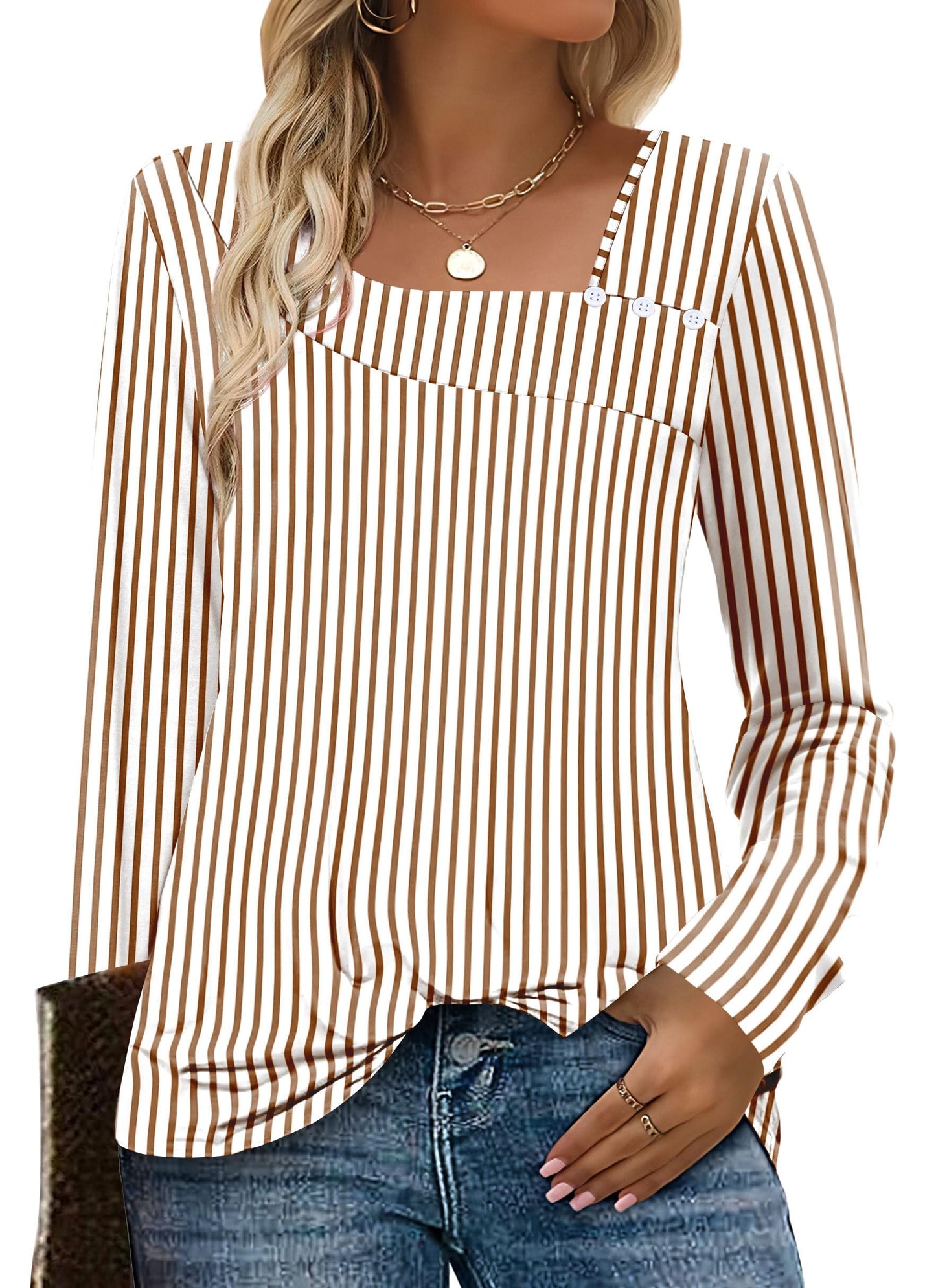 OFEEFAN Long Sleeve Shirts for Women Fall Clothes Asymmetric Square Neck Tunic Tops Decorative Buttons