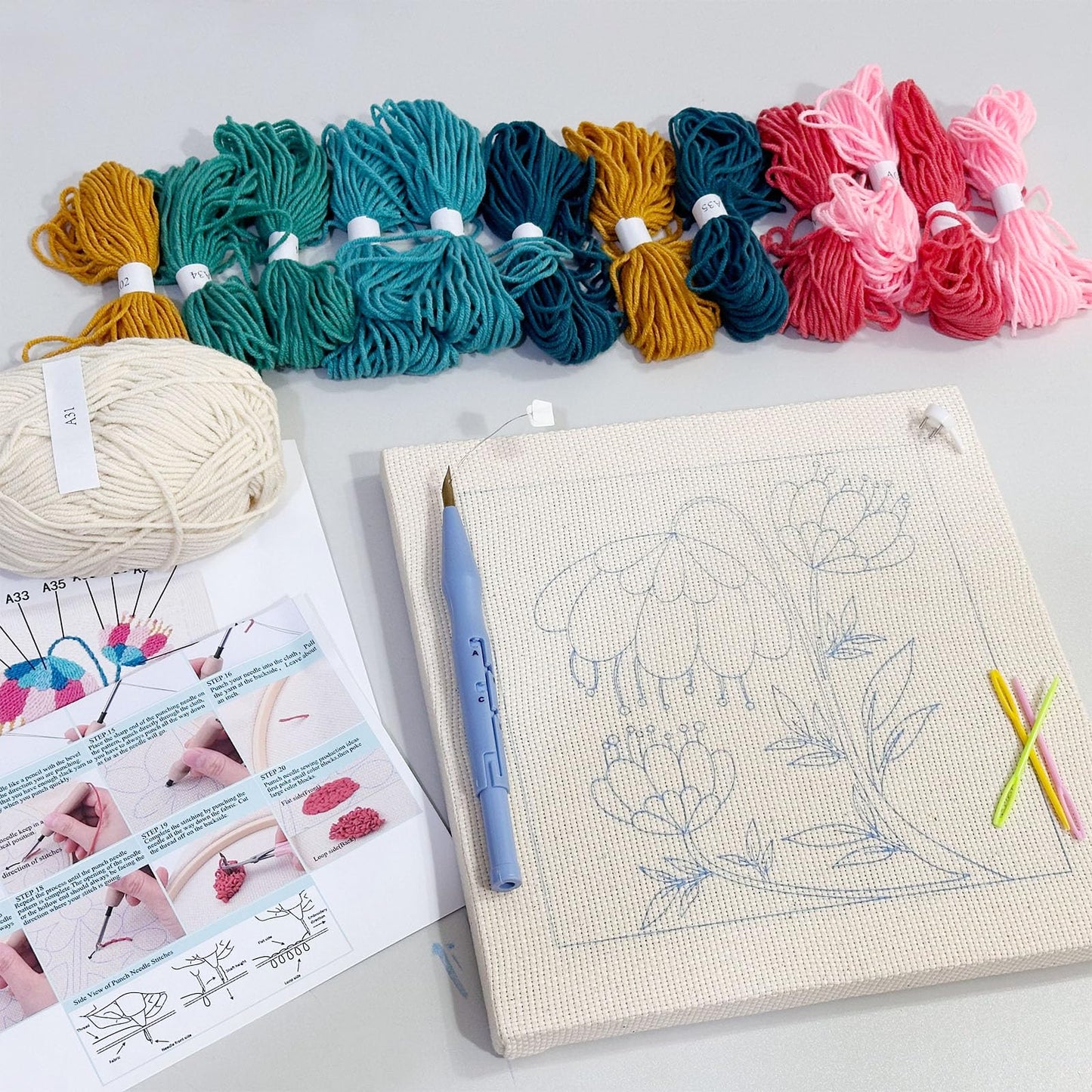 Allazone Punch Needle Kit Frame, Punch Needle Embroidery Kits, Square Punch Needle Fabric with Flower Pattern, Hoop, Yarns, Punch Needle (Beige and Pink)