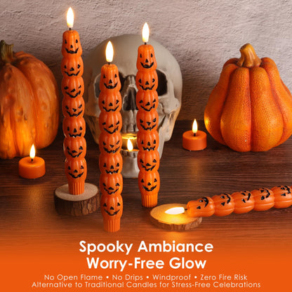 Girimax Orange Pumpkin Halloween Flameless Taper Candles with Remote, Flickering Spooky LED Wax Candlesticks Battery Operated, Set of 4