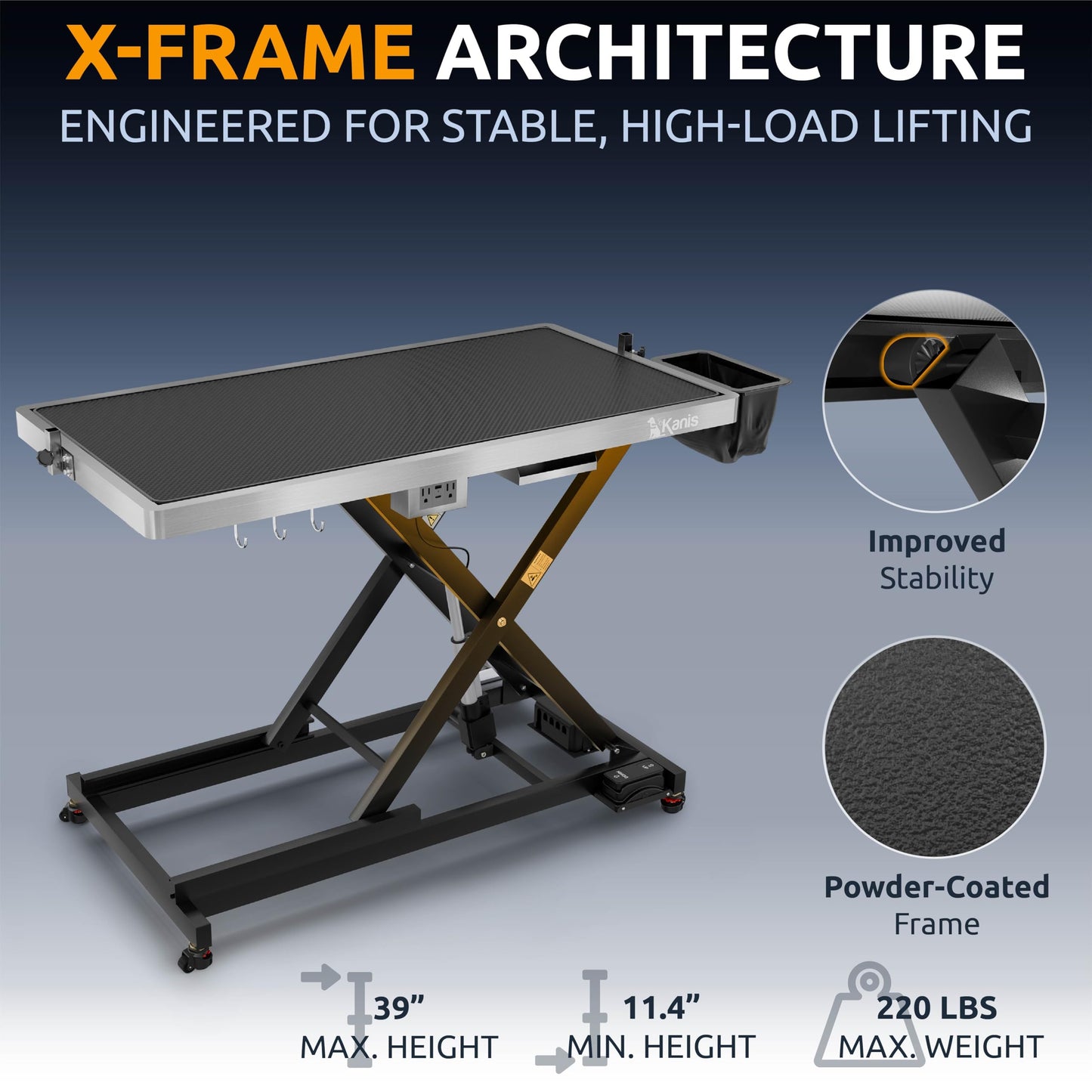 KANIS Professional Electric Dog Grooming Table - Heavy Duty, Height Adjustable Pet Grooming Table w/Leveling Wheels, Grooming Arm, Anti-Slip Tabletop & Tool Organizer/Dog Grooming Station (Black, 49")
