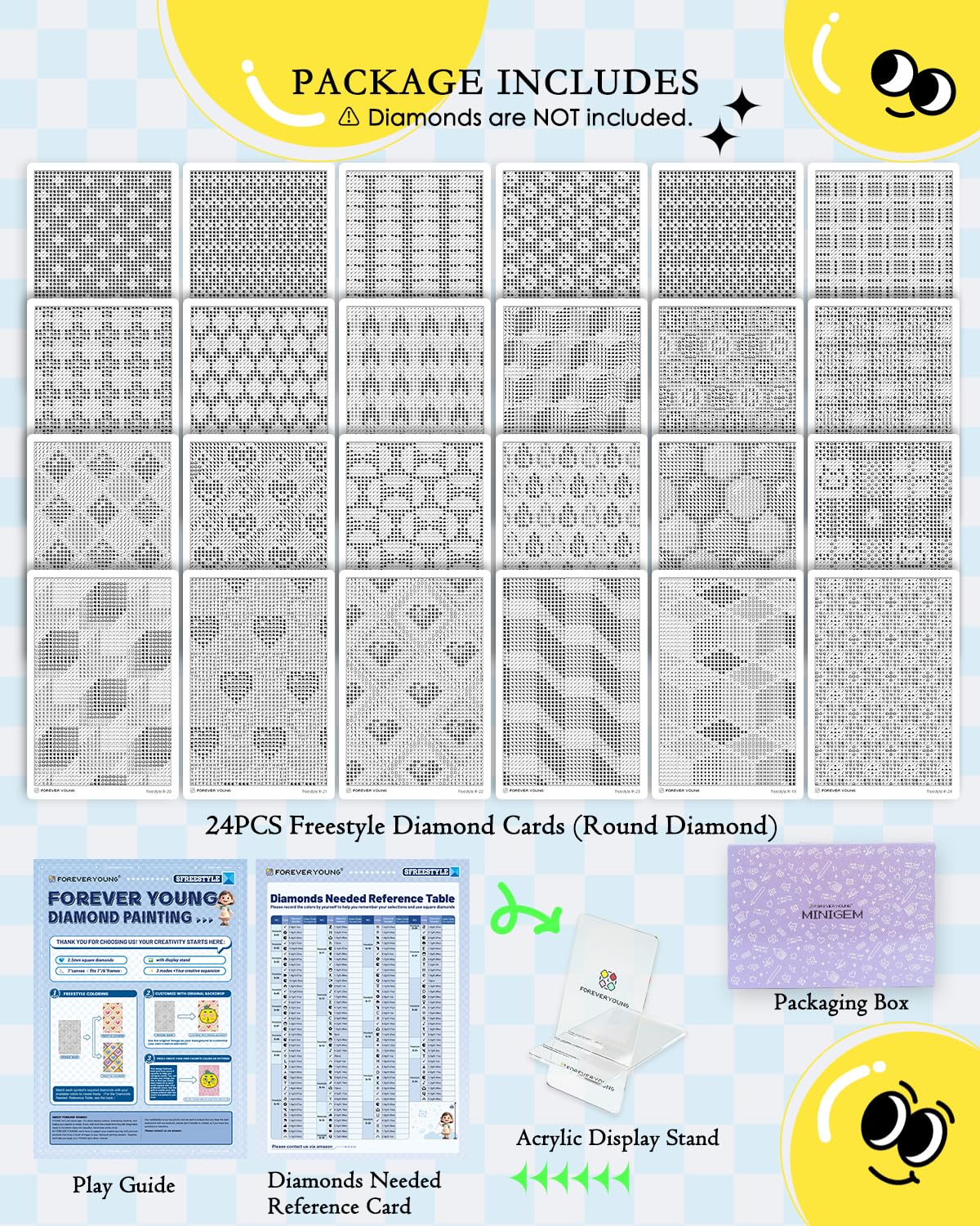 forever young 24 Designs Diamond Freestyle Cards for Beads, 5x7 Blank Diamond Art Cards with Glue for Round Dots for Adults, Postcard-Style Diamond Painting Accessories (No Drills)