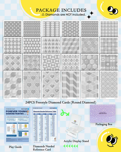 forever young 24 Designs Diamond Freestyle Cards for Beads, 5x7 Blank Diamond Art Cards with Glue for Round Dots for Adults, Postcard-Style Diamond Painting Accessories (No Drills)