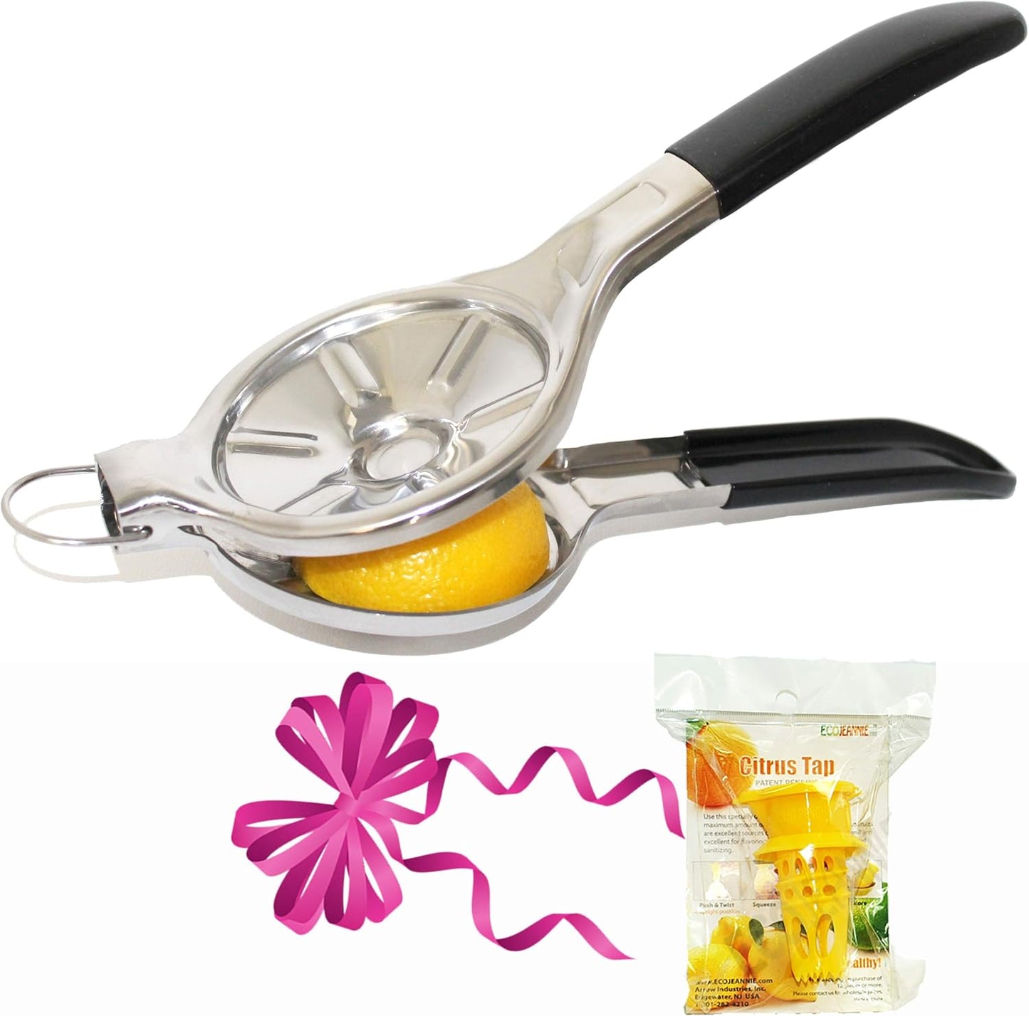 [Free Citrus Tap Gift] EcoJeannie Jumbo FLAT PRESS Lemon Squeezer, 100% Stainless Steel, Silicone Handle (LS0003S)