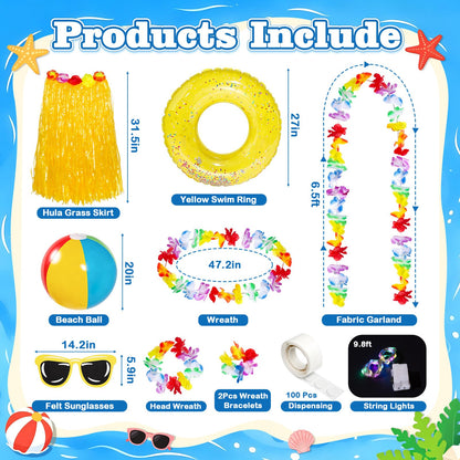 12 ft Summer Skeleton Outfits Accessories, 10 Pcs Hawaiian Hula Giant Skull Grass Skirt Costume Clothing Kit with Sunglasses Swim Rings & Beach Balls for Outdoor Yard Lawn Summerween Luau Decorations