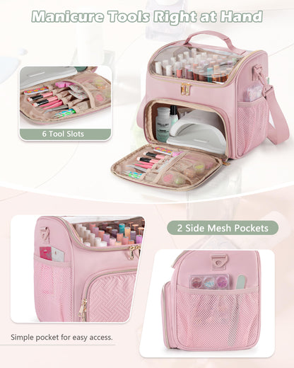 Prokva Nail Polish Organizer Bag Holds 42 Bottles(15ml/0.5 fl.oz), Double Layer Nail Storage Case for Gel Polish and Manicure Tools, Travel Nail Bag, Pink