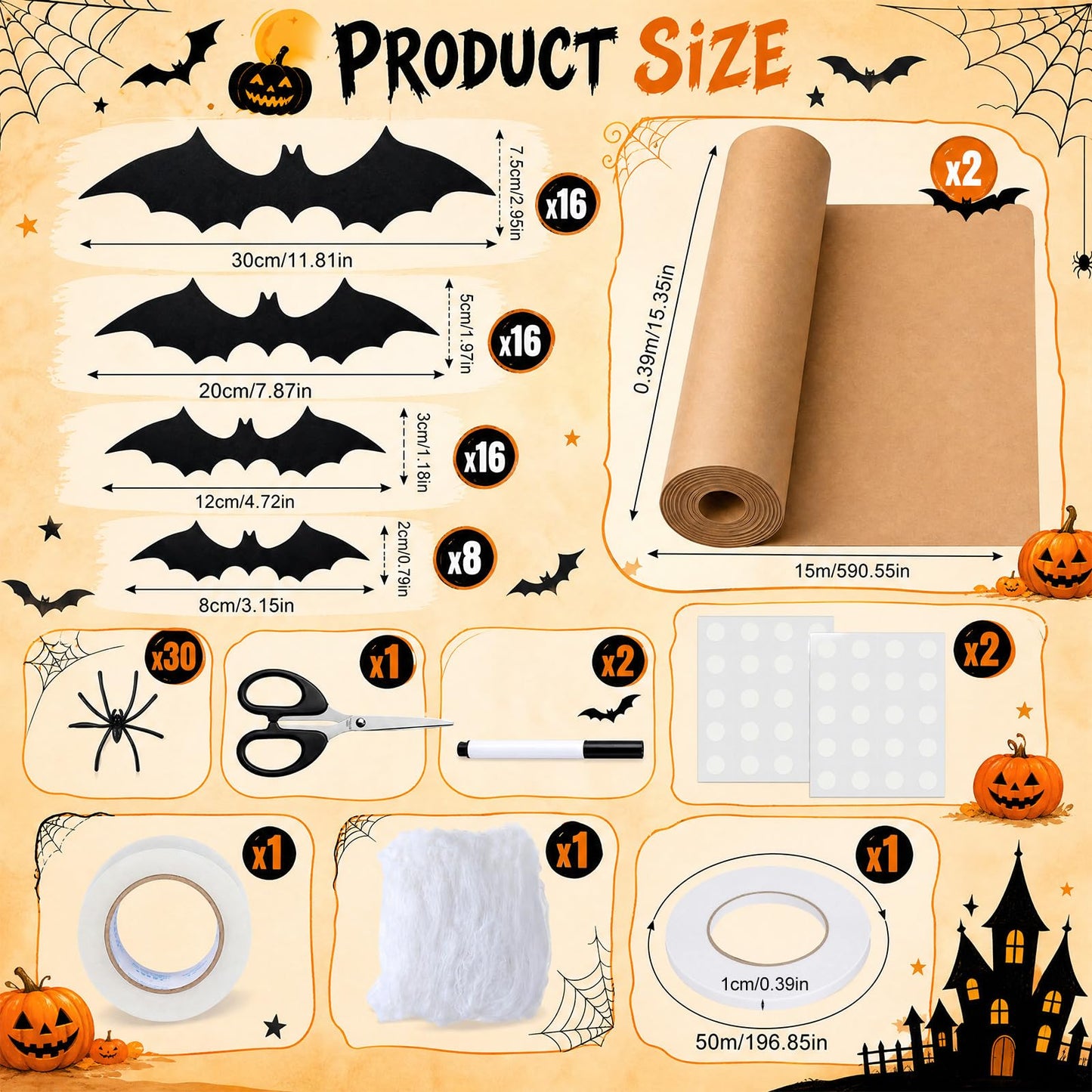 Jetec 92 Pcs Halloween Spooky Tree DIY Wall Decor Kit 56 Bats and 30 Pcs 3D Spider 2 Rolls Brown Kraft Paper with Webs Large Creepy Tree Trunk Craft for Haunted House Indoor Outdoor Home Decoration