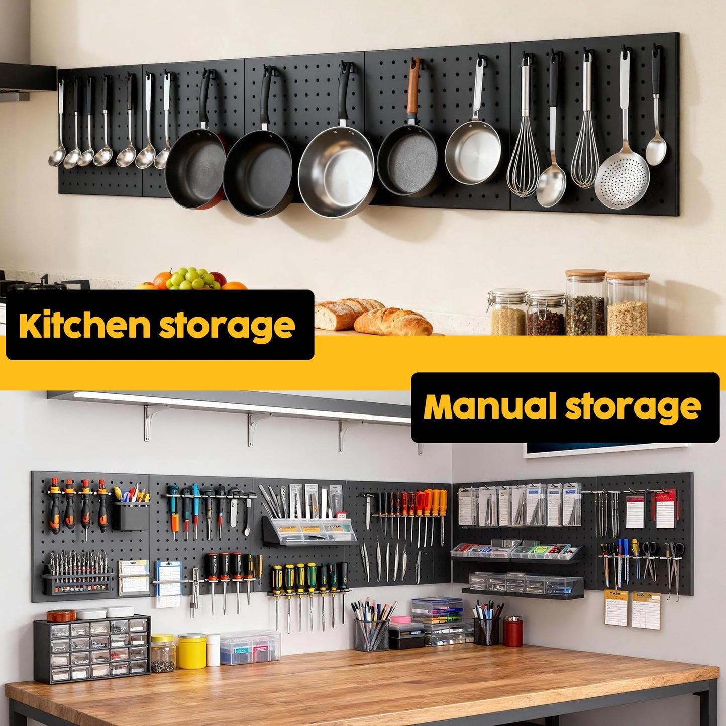 Peg Board - Metal Pegboard with 48 Hooks, Heavy Duty Wall Mount Metal Grid Panel for Garage Organization & Tool Storage, Rustproof, Easy to Install, Compatible with Standard Organizer Accessories