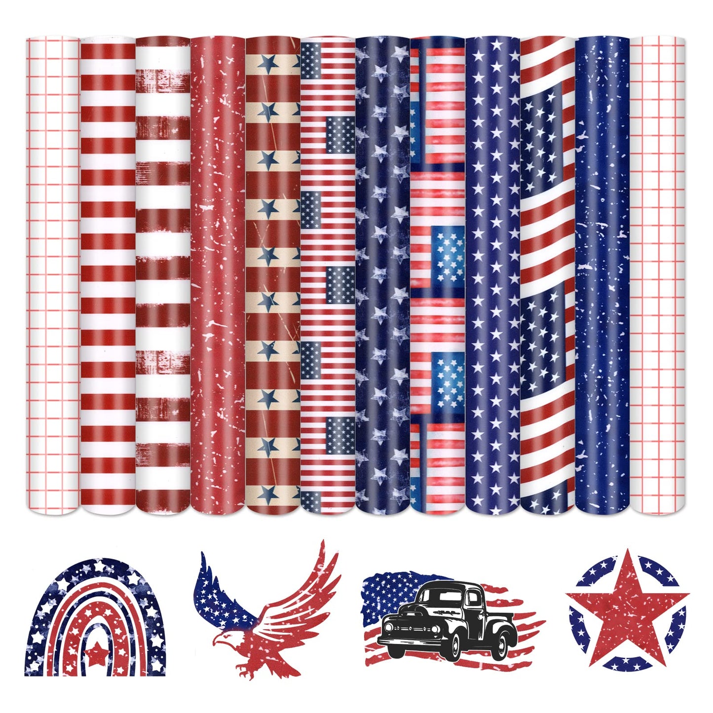 Tintnut American Flag Permanent Vinyl - 10 Sheets 12"x10", USA Flag Patriot Adhesive Vinyl, Independence Day Pattern Self Sticker Water Proofing Long Lasting for DIY