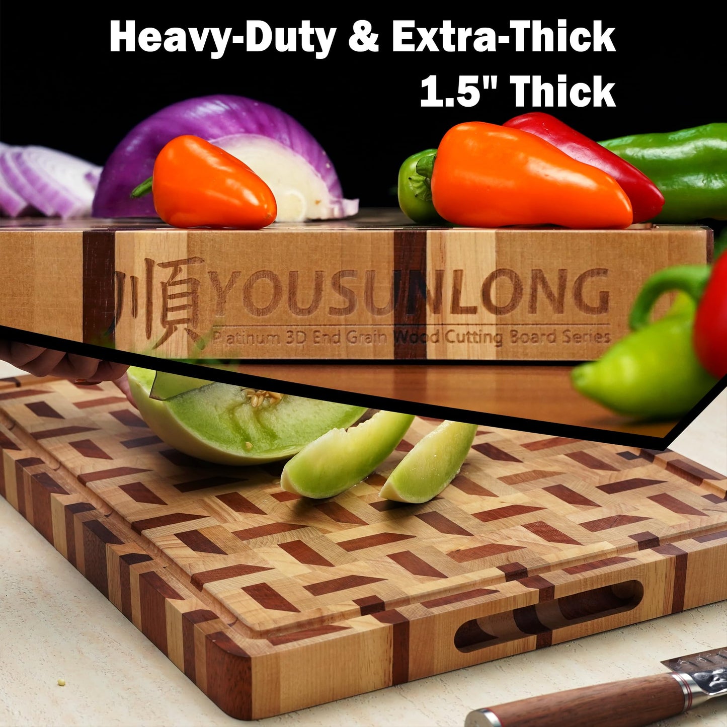 YOUSUNLONG 3D Zigzag Pattern End Grain Cutting Board - Walnut & Maple Reversible Butcher Block 20"L x 16"W x 1.5"Th with Juice Groove - Serving Block Tray for Brisket,Meat,Cheese,Charcuterie