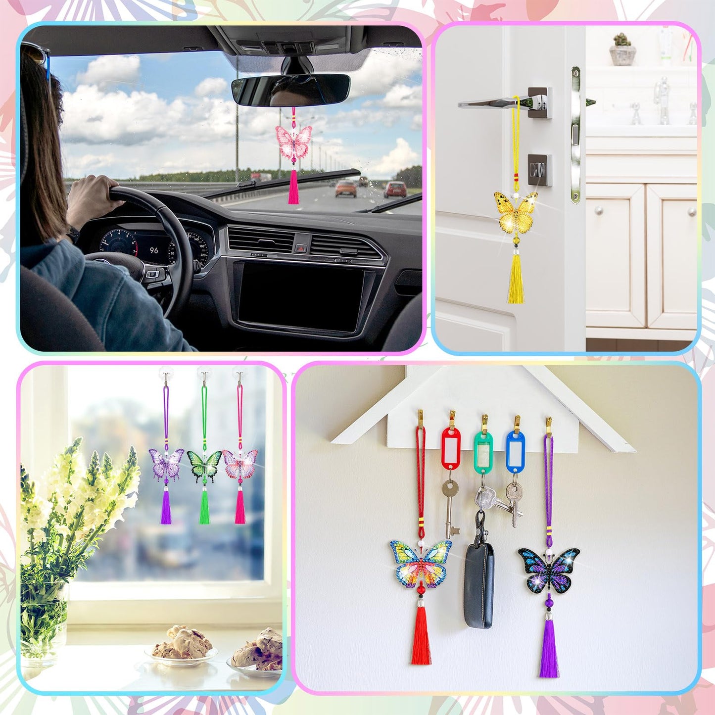 JenPen 12 Pcs Butterfly Diamond Art Kits Diamond Painting Car Ornaments Double Sided Butterfly Painting Keychain Hanging Ornament DIY Crafts Crystal Gem Paint for Adult Beginner Gifts