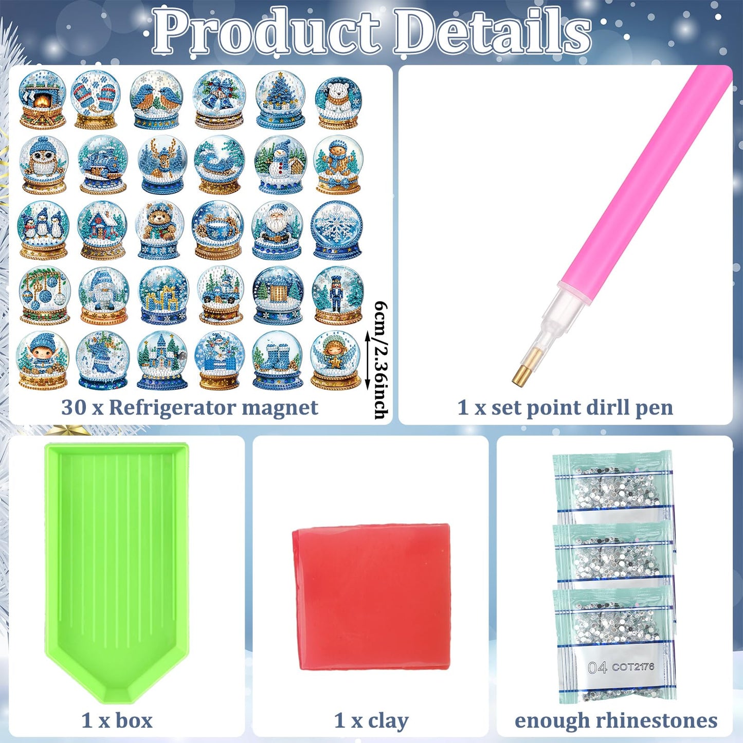 30 Pcs Christmas Diamond Art Kits Magnetic Winter Diamond Painting Magnets Kits Blue Crystal Ball 5d DIY Art Fridge Magnet Refrigerator Sticker for Adult Beginners Home Car Garage Xmas Gift