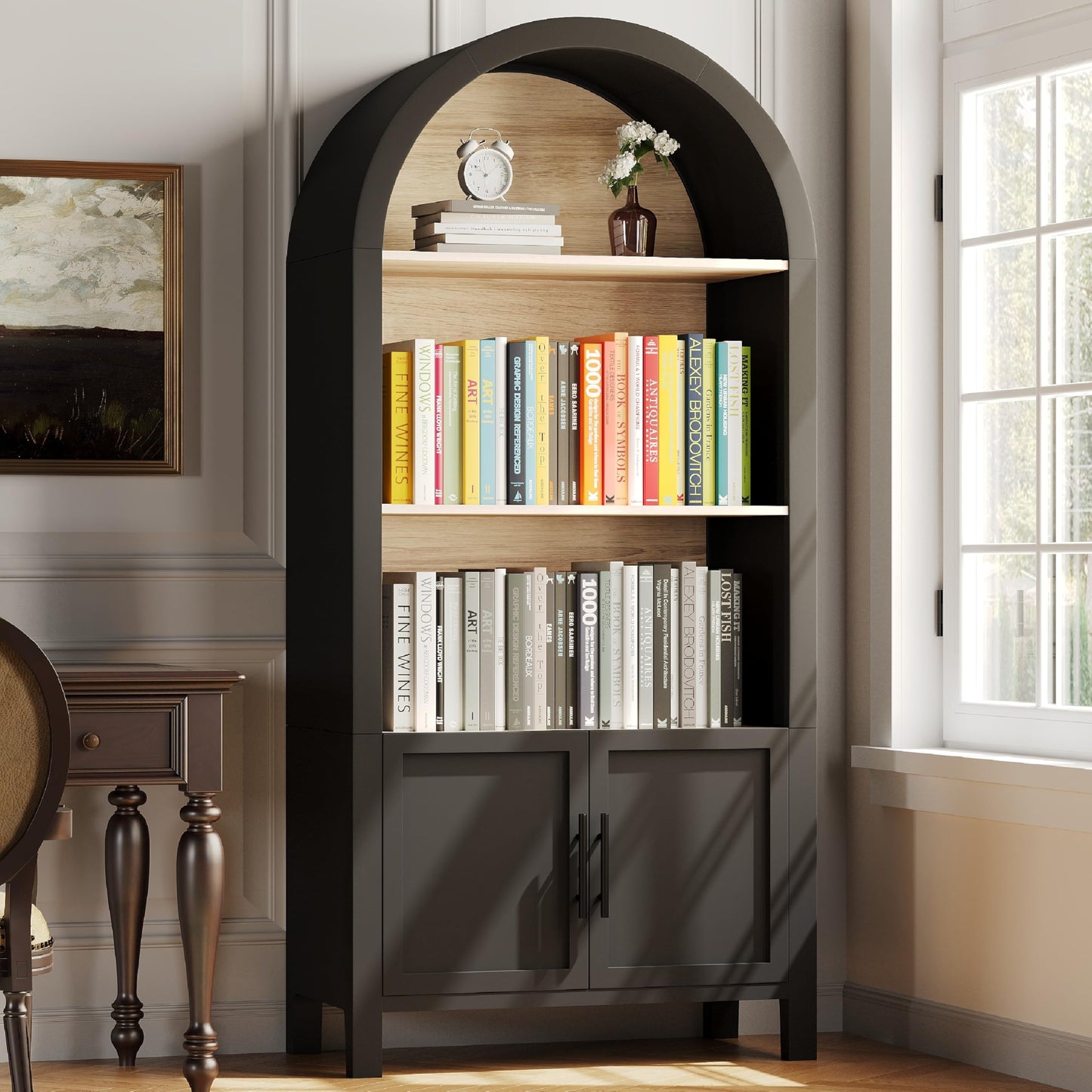 KEIKI 66.7" Tall Arched Bookshelf, Modern Bookcase with 3-Tier Storage Shelf & Cabinet, Large Wooden Open Display Book Shelves, Space-Saving Corner Book Shelf for Home Office Living Room, Black