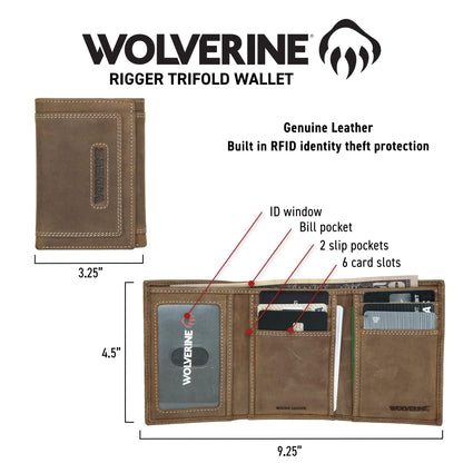 WOLVERINE Men's RFID Blocking Trifold Wallet, Rigger, Rugged-Brown, One Size