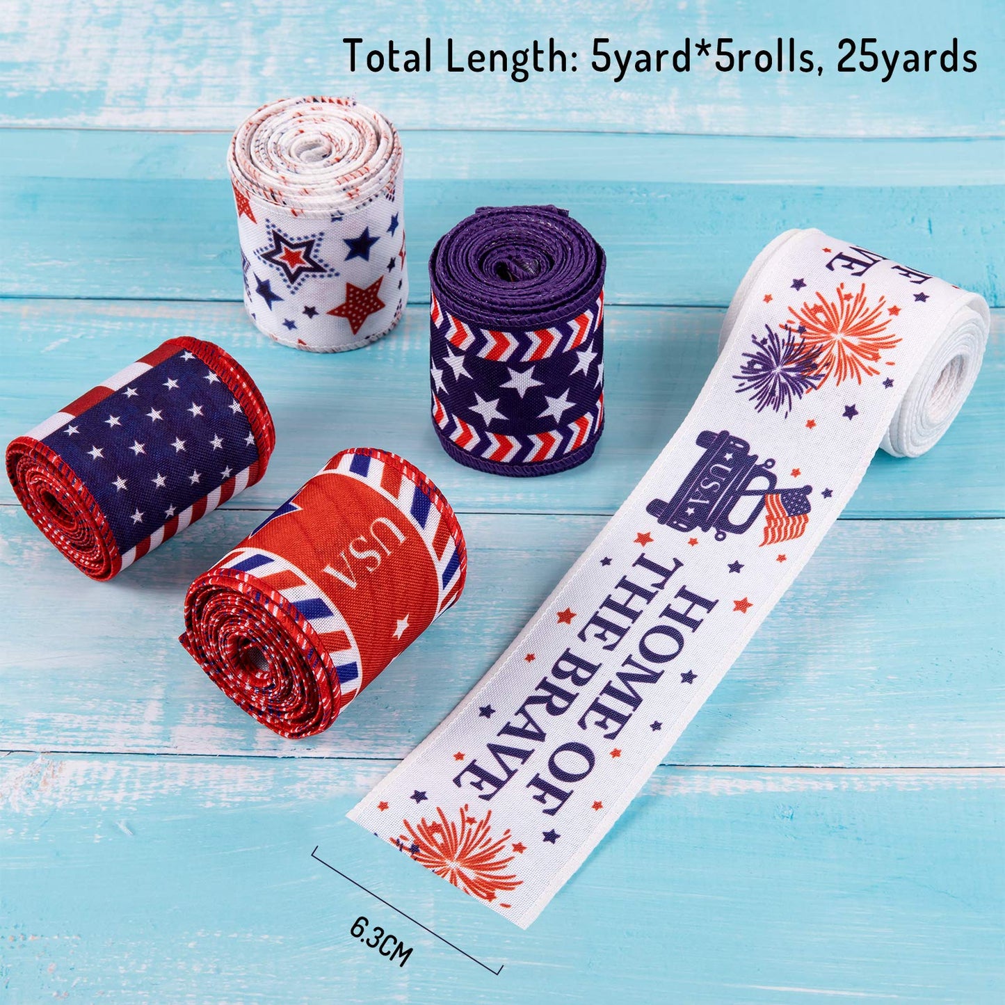 Whaline 5 Rolls Patriotic Ribbon 4th of July Stars and Stripes Burlap Wired Edge Ribbon 25 Yards American Flag Craft Ribbons for Independence Day 250th Anniversary DIY Wreath Bow Gift Wrapping