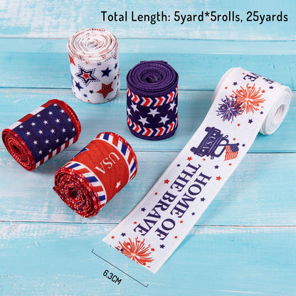 Whaline 5 Rolls Patriotic Ribbon 4th of July Stars and Stripes Burlap Wired Edge Ribbon 25 Yards American Flag Craft Ribbons for Independence Day 250th Anniversary DIY Wreath Bow Gift Wrapping