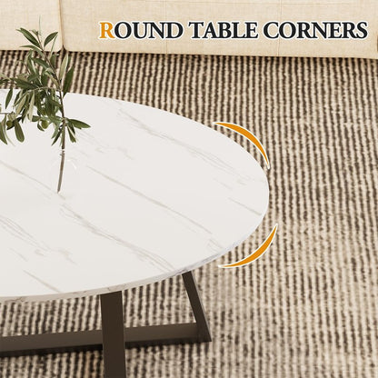 Wolawu Coffee Table Small Oval Table,White Faux Marble Table for Living Room, Modern Center Tea Tables for Small Space,Wooden Tables End Tables with Sturdy Black Metal Leg