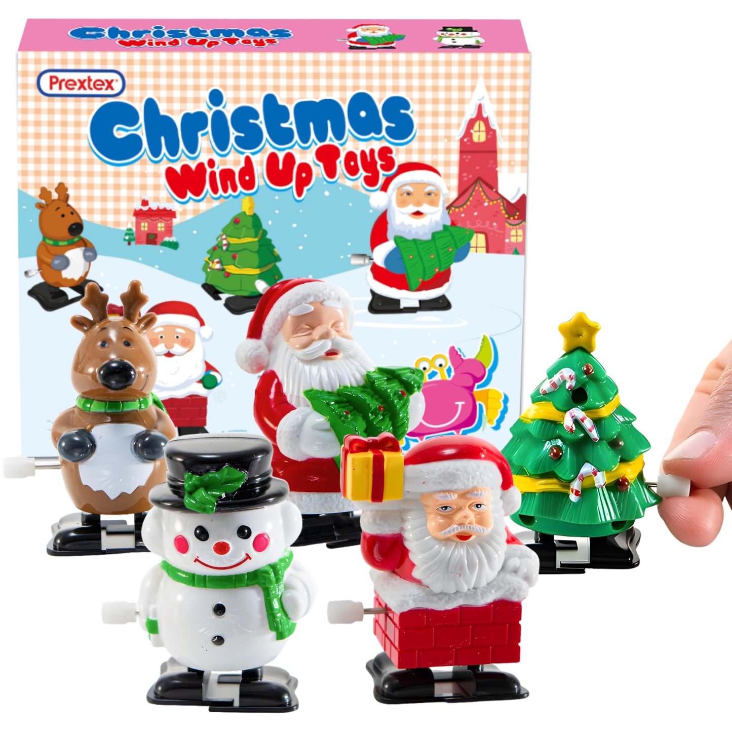 PREXTEX Christmas Wind up Stocking Stuffers - Santas and Snowmen Wind up Stocking Stuffers - Christmas Toys - 2 Santas, 1 Snowman, and 1 Reindeer.