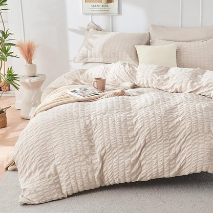 HYMOKEGE King Size Comforter Set - 7-Piece Seersucker Luxury Bedding in Beige for All Seasons