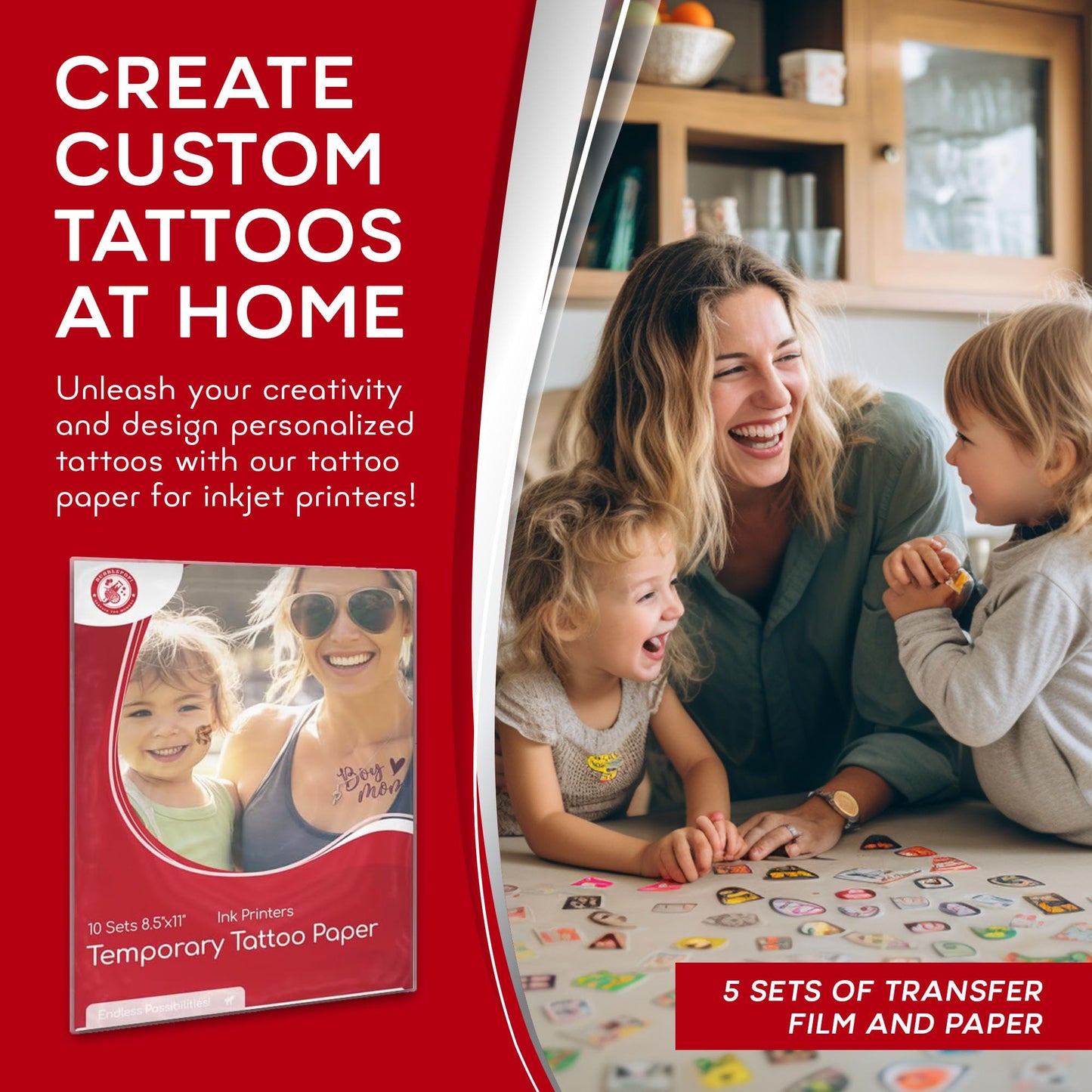 BubblePop! Printable Temporary Tattoo Paper for Inkjet Printer - Skin-Safe, Water-Resistant, Blank 8.5x11” Sheets for Personalized Designs - Make Your Own Temporary Tattoos at Home - 10 Set