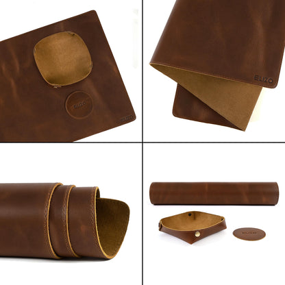 Elizo Real Leather Desk Mat Set (32x16) Large Desk Cover Desk Blotter Protector Computer Gaming Mouse Pad Table Laptop Office Desktop Accessories
