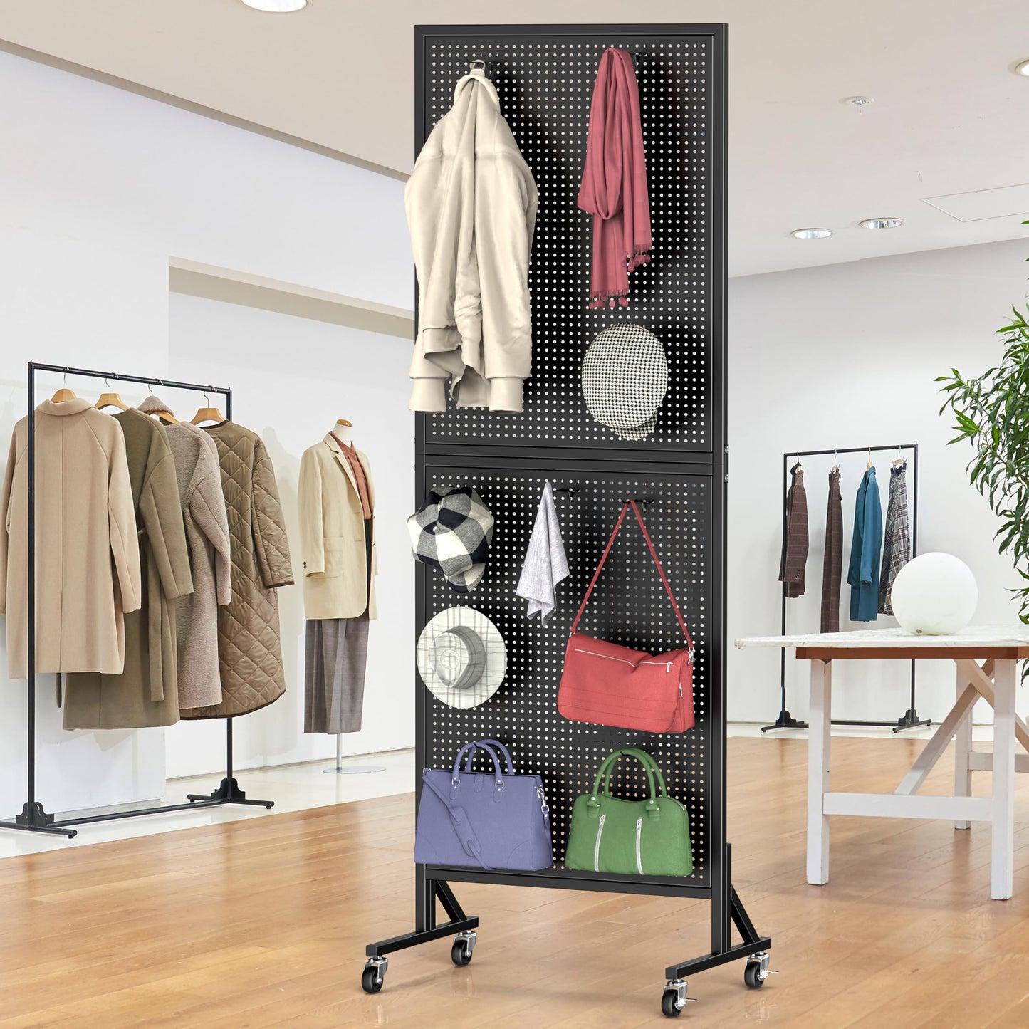 Folews 24″ x 70″ Pegboard Display Stand, Freestanding Metal Peg Board Display with 30 Hooks & Wheels Portable Standing Pegboard Rack for Vendor Retail Craft Show Fair Garage DIY, Black