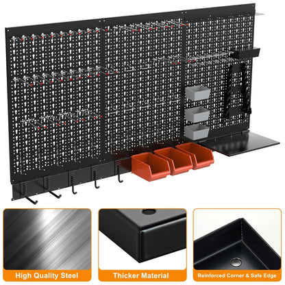 TORACK Metal Pegboard Wall Organizer System for Garage, 109 PCS Pegboard Accessories Tool Organizer Kit with Pegboard Bins, Hooks, Tool Storage Peg Board for Workbench(Black)