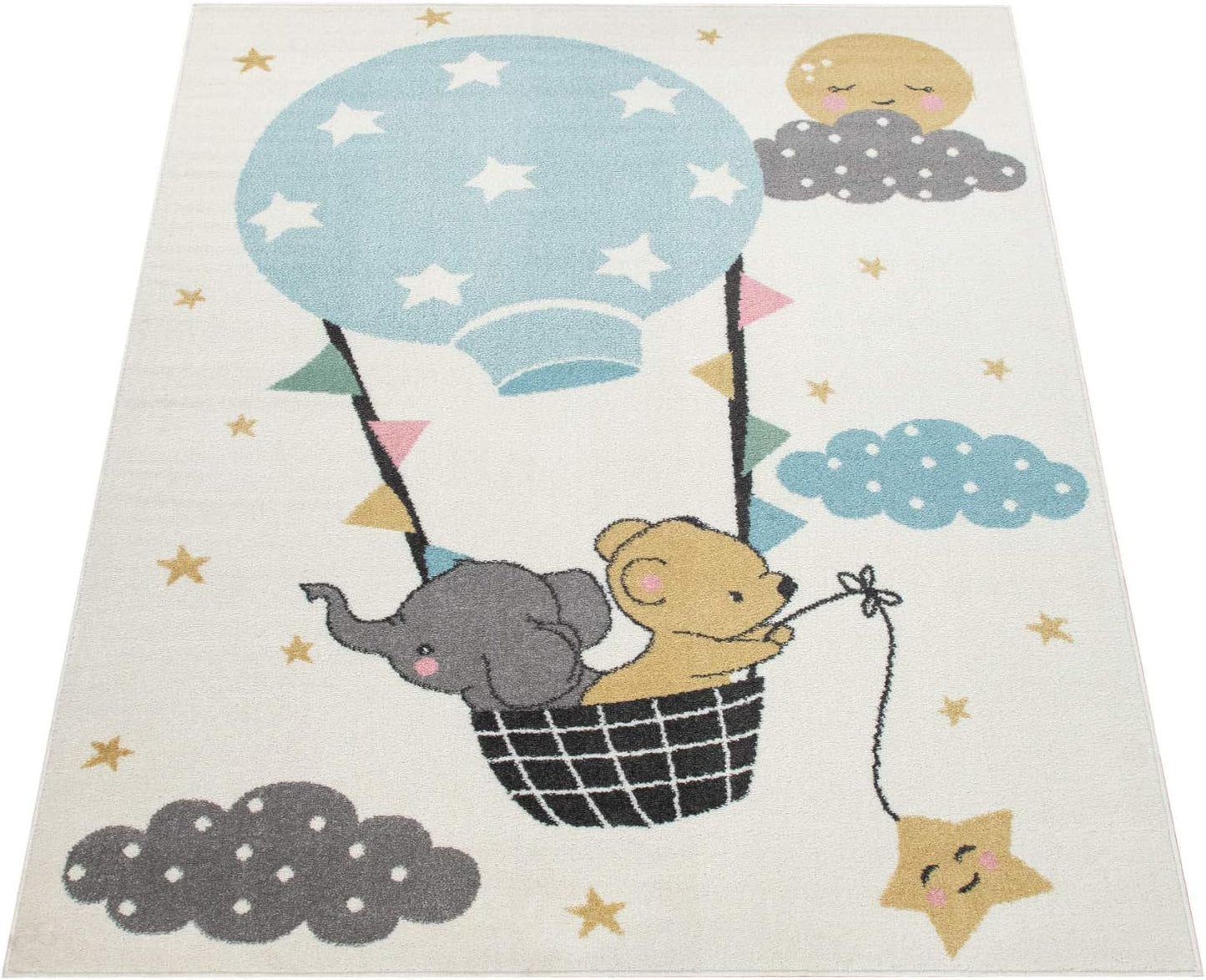2'8" 4'11" Paco Home Kid's Rug for Children's Bedroom with an Elephant, Bear and Balloon Motive in Beige, Size: x