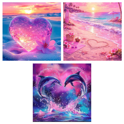 ajepon 3 Pack Heart Diamond Art Kits for Adults - Beach 5D Diamond Painting, Heart Gem Art for Adults, Gem Painting Kits for Wall Home Decor Arts Craft 12x12inch