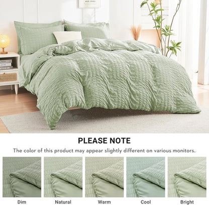 HYMOKEGE Twin XL Comforter Set - Light Green Seersucker 5-Piece Luxury Bedding Set