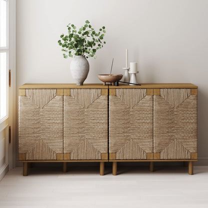 Nathan James Beacon Accent Natural Sideboard Storage Cabinet TV Stand in Light Wood with Adjustable Interior Shelf and Seagrass Doors, for Hallway, Entryway or Dining Room, Light Brown, Set of 2