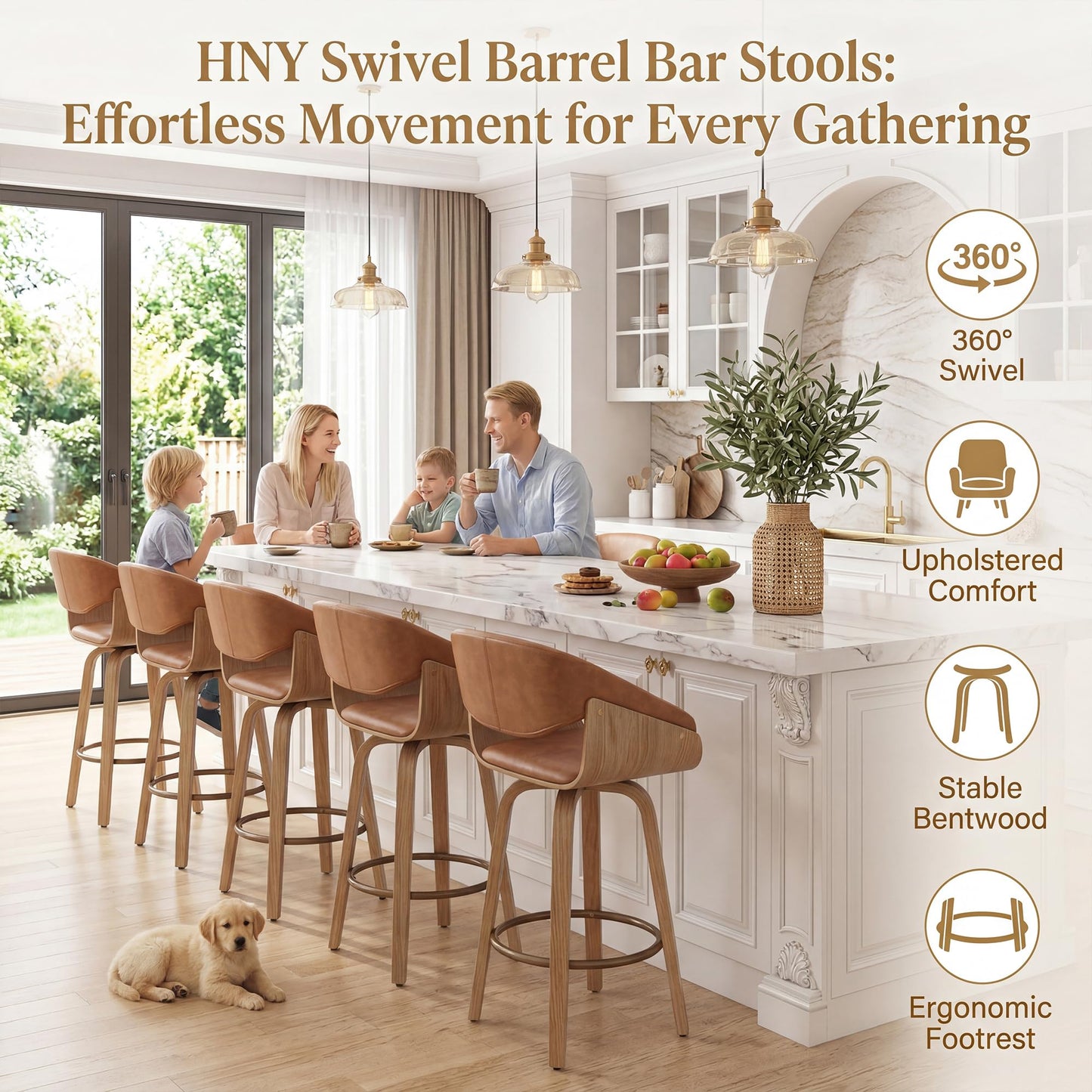 HNY 26 Inch Swivel Bar Stools with Back Set of 4, Brown Faux Leather Upholstered Counter Height Barstools with Solid Bentwood Frame, Round Footrest, Modern Barrel Counter Stools for Kitchen Island