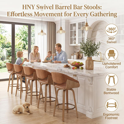 HNY 26 Inch Swivel Bar Stools with Back Set of 4, Brown Faux Leather Upholstered Counter Height Barstools with Solid Bentwood Frame, Round Footrest, Modern Barrel Counter Stools for Kitchen Island