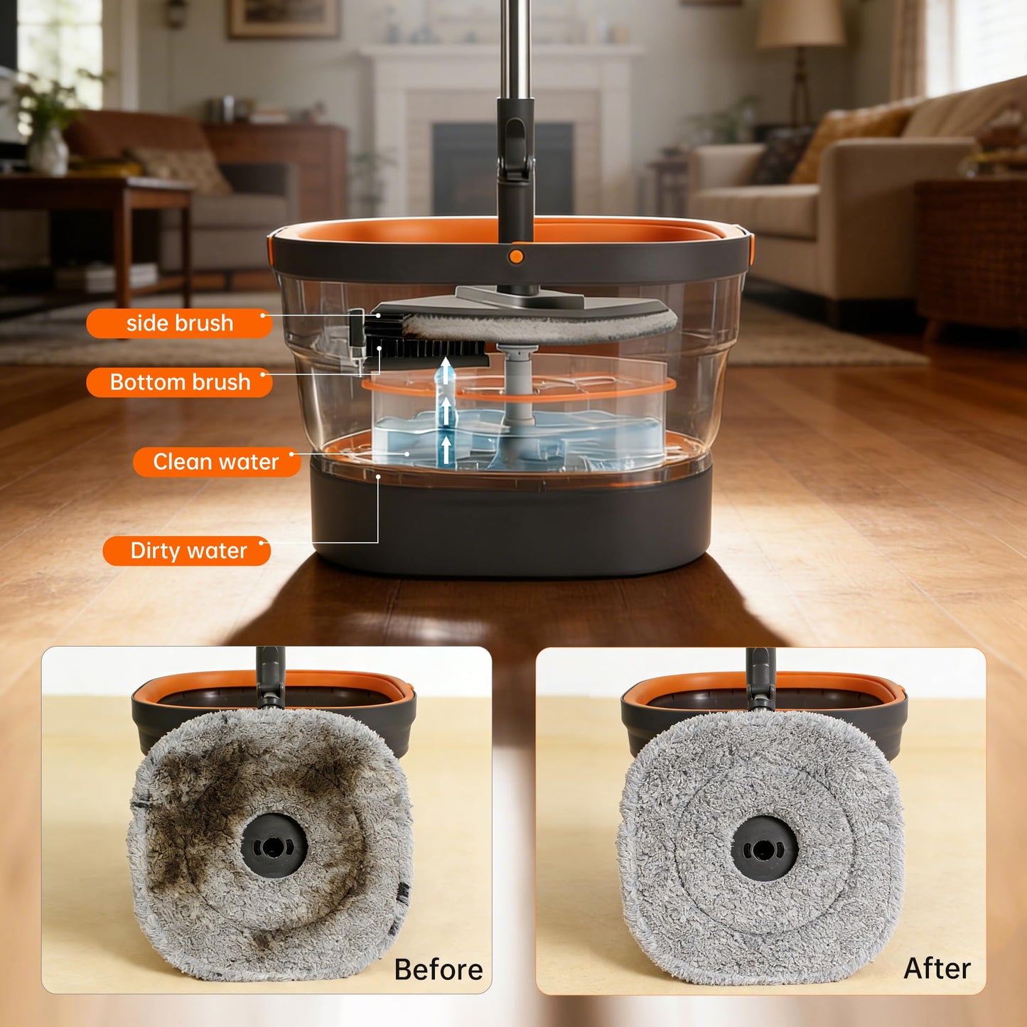 Collapsible Mop and Bucket Set, Spin Mop with Separate Dirty and Clean Water, 6 Replaceable Mopping Pads with Foldable Handle, Deep Cleaning Mops and Buckets for Household Use Floor Cleaning